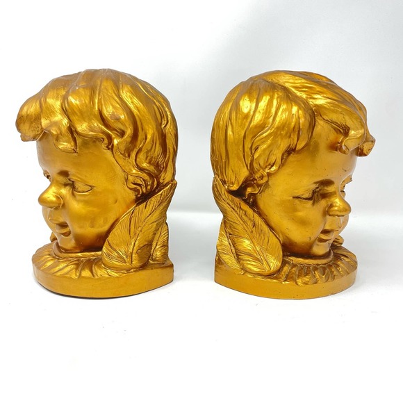 Vintage Gold Child Head Bookends Set Bronze Color Heavy Cherub